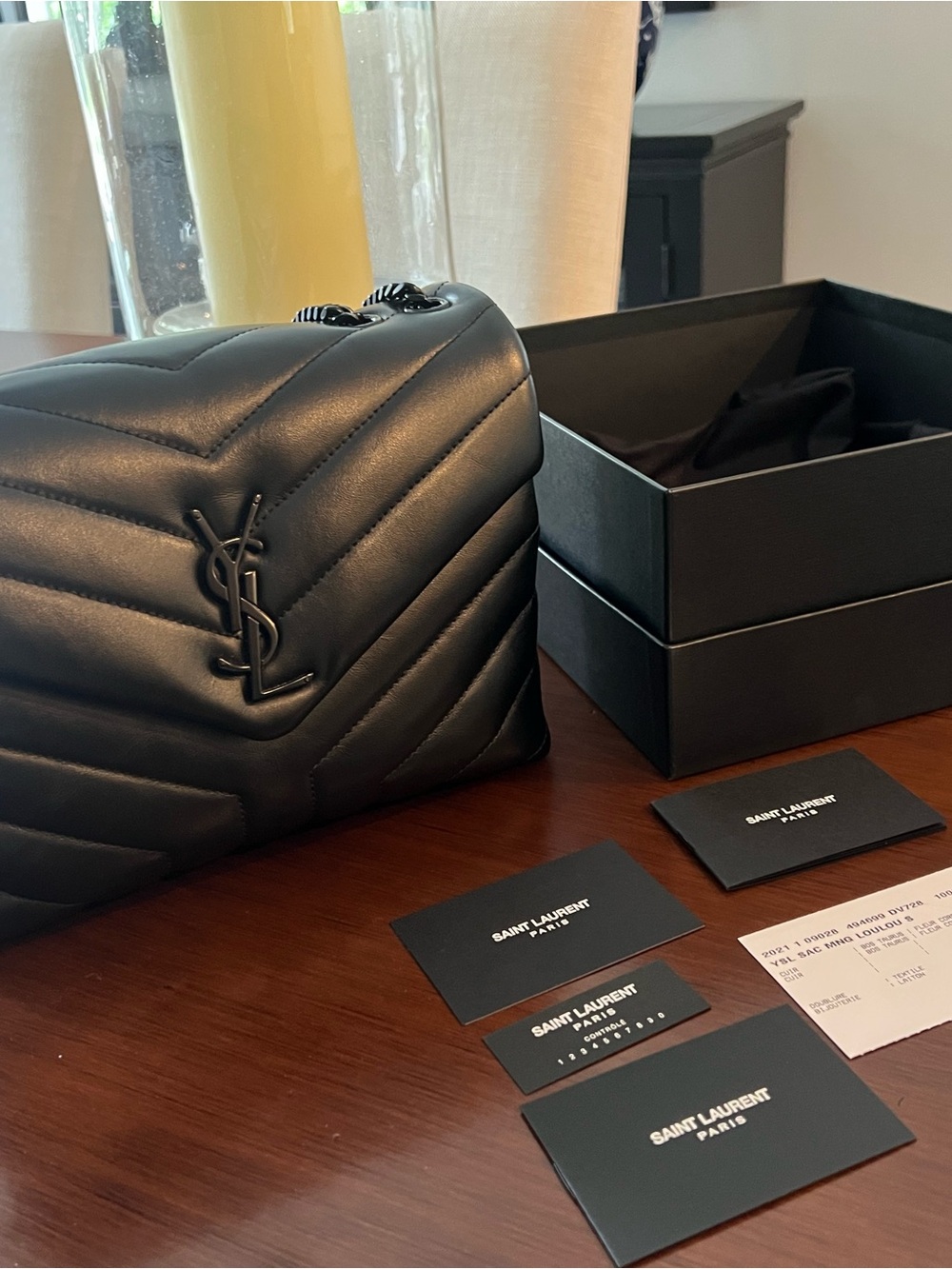 Saint Laurent Black Quilted Chevron Leather Shoulder Bag with YSL Logo